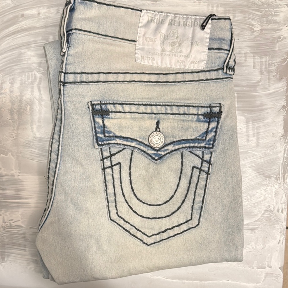 True Religion Super T Light Wash Jeans with Blue Stitching